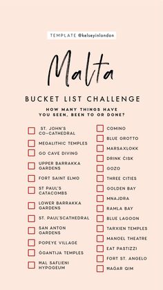 a pink and black checklist with the words,'matta bucket list challenge '