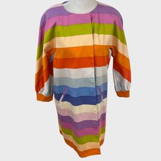 Sara Campbell Multicolor Rainbow Stripe Swing Coat New With Tags. Retails For $416. Size Xs. Shown On A Small Mannequin. Measurements Below Laying Flat: Chest: 20" Waist: 20.5" Hips: 22.5" Length: 32.5" Sleeve Length: ~17.5" Snaps At Neckline, Open On Bottom 3/4 Sleeves 97% Cotton 3% Spandex Lining: 100% Acetate Made In Usa New With Tags But Has Some Light Wear From Storage Five Star Seller. Fast Shipping! Designer Luxury Colorful Multicolor Chic Happy Maximalism Maximalism Retro Tweed Shirt, Checkered Coat, Retro Jacket, Fitted Coat, Elegant Coats, Open Front Jacket, Black Tweed, Long Trench Coat, Velvet Jacket