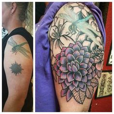 two different tattoos on the arms and arm, one with a dragon flying over a flower