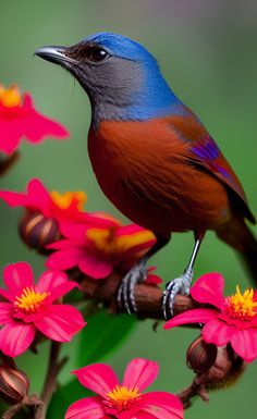 a blue and red bird sitting on top of pink flowers