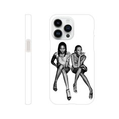 an iphone case with two women sitting on the back of it, one holding a cell phone