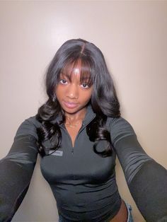 Wig install, black girl wig install, curkd with bang, bang hairstyle, bang with with layers Bangs Sew In Black Women, Wavy Weave With Bangs, Sew In W Bangs, Wig With Fringe Black Woman, Lace Frontal With Bangs, Bangs With Curls Wig, Sew In Weave With Curtain Bangs, Lace Front Wigs Bangs, See In With Bangs Black Women