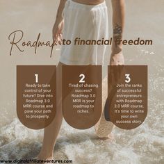 a woman standing in the water with her hat on and text reading roadmap to financial freedom