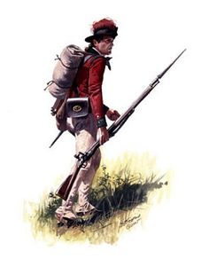 a painting of a man with a backpack and two shotguns on his back walking in the grass