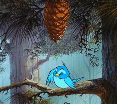 a blue bird sitting on top of a tree branch next to a tall pine cone