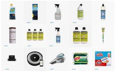 many different types of cleaning products displayed on a white background, including cleaner and dishwasher