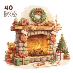 a drawing of a fireplace with presents around it