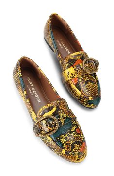 An eagle-head buckle adorned with tonal crystals lends signature style to this vibrantly hued, snakeskin-printed leather loafer done in a timeless apron-toe silhouette. Leather upper and lining/synthetic sole Imported London Mayfair, Pointed Loafers, Metallic Loafers, Studded Loafers, Chunky Loafers, Snake Pattern, Platform Loafers, Eagle Head, Bow Shoes