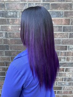 Dark into Purple ombre hair Black Fade Into Purple Hair, Black And Purple Ombre Hair, Black Hair Purple Tips, Dark Purple Hair With Black, Purple Hair Ends, Purple Hair On Brown Hair, Dyed Ends Of Hair Brunettes Purple, Dark Purple Ombre Hair