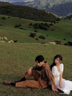 two people sitting on the grass in front of some animals and mountains with hills in the background