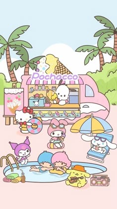 an image of hello kitty on the beach with other animals and food items in front of it