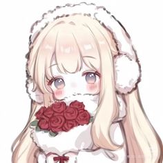 a drawing of a girl with long blonde hair wearing a santa hat and holding roses