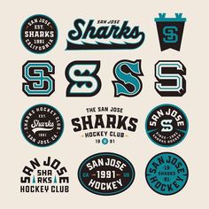 various logos and emblems for the san jose sharks'hockey club, including two