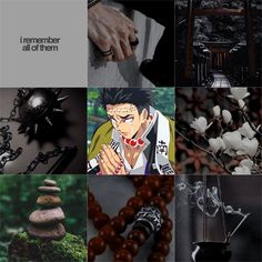 a collage of images with rocks, flowers and other things in them that include an anime character