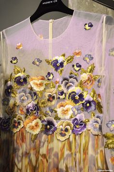 Andrew Gn Spring Summer 2017 Iris-print silk gown with tulle bodice covered in thread-embroidered pansies Embroidered Pansies, Tulle Bodice, Iris Print, Silk Gown, Silk Printing