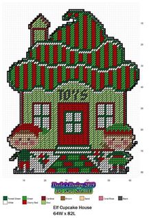 a cross stitch house with red and green stripes