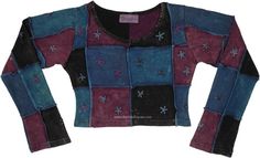 A royal duchess color scheme in this Handmade Patchwork Short Crop Top that is lovingly crafted, featuring a unique combination of deep color patchwork and delicate hippie embroidery. The long sleeves add an extra touch of elegance to this trendy and versatile crop top. #tlb #Patchwork #Stonewash #JuniorPetite #XLPlus #Fall #bohemianfashion #longsleevehippietop Purple Patchwork Long Sleeve Top, Purple Long Sleeve Patchwork Top, Purple Long Sleeve Top With Patchwork, Multicolor Long Sleeve Hippie Tops, Casual Tops With Multicolor Embroidery And Patchwork, Bohemian Long Sleeve Patchwork Tops, Multicolor Long Sleeve Top With Floral Patchwork, Multicolor Floral Patchwork Long Sleeve Top, Fitted Long Sleeve Tops With Floral Patchwork