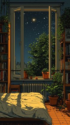 a bedroom with a bed, bookshelf and window overlooking the city at night