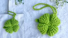 a crocheted shamrock ornament on a white towel