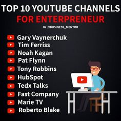 a man sitting at a desk in front of a computer with the words top 10 youtube channel channels for enterprise