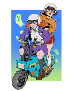 two people riding on the back of a scooter in front of a ghost