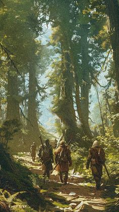 a painting of people walking in the woods