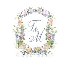 a floral frame with the initials f and m