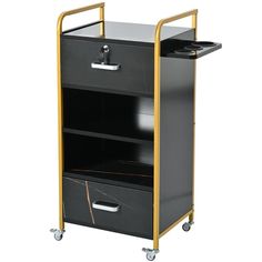 a black and gold cart with two drawers on it's wheels, one is empty