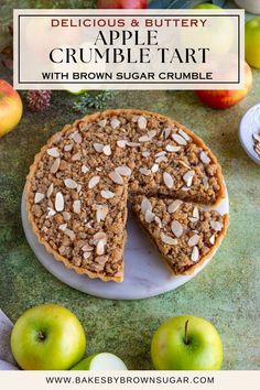 an apple crumble tart with brown sugar crumble on top and apples in the background