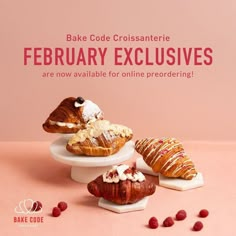 an advertisement for bake code croissanterie featuring various pastries on plates