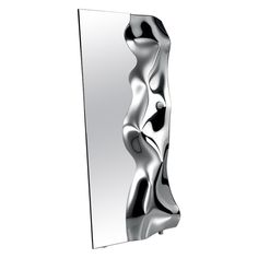 an abstract silver sculpture is shown against a white background, with the reflection of it's body