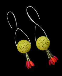 Polymer Earrings - These colorful stirrup drop earrings take on a slightly more contemporary form. They recall the life cycles of a seasonal garden gone to seed, as they hold the promise of the coming spring. The spotted chartreuse orbs display an array of red and magenta hued seeds dangling on varied stems, awaiting the wind to carry them away.<br><br>The results are a lightweight design that really make a statement when suspended on sterling silver stirrups and ear hooks. Each earr Polymer Clay Jewelry Tutorials, Contemporary Jewelry Design, Polymer Earrings, Artful Home, Floral Earrings, Contemporary Jewelry, Life Cycles, Blue Earrings, Jewelry Tutorials