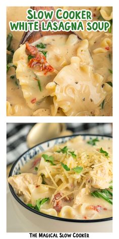 two pictures with different types of pasta in them and the words slow cooker white lasagna soup