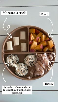 a plate with different types of food on it, including cheese and crackers in the middle