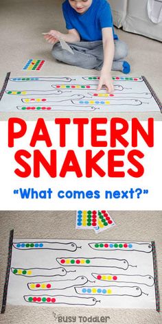 a young boy sitting on the floor playing with a pattern snakes game and text overlay that reads, what comes next?