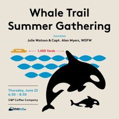 a poster for the whale trail summer gathering with an orca and other marine animals