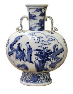 a blue and white vase with people on it