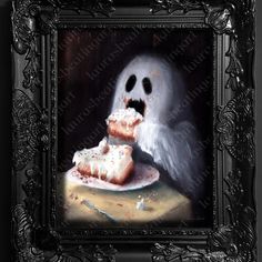 a painting of a ghost eating cake with icing and sprinkles on it