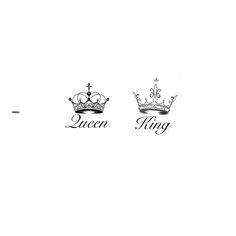 three crowns with the words queen and king written in black ink on a white background