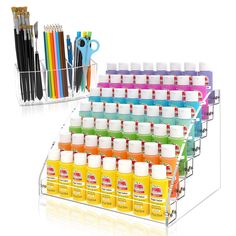 PRICES MAY VARY. 【Large Capacity - 7 Tiers】The craft paint storage organizer's staircase design is an instant space saver for your paint bottles & tubes. 7 layers of super large storage space, instantly get needed space. 【Organized Your Brushes】The 3 compartments paint brush organizer compartments makes the ideal paintbrush storage. 3 individual compartments make searching & finding that specific paint color or paint brush fast & easy. 【Premium Acrylic】Made of high quality and sturdy acrylic. Tr Acrylic Paint Bottles, Craft Paint Storage, Paint Brush Holder, Paint Rack, Paint Organization, Brush Organizer, Paint Brush Holders, Layer Paint, Ink Bottle