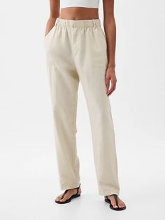 High Rise Linen-Cotton Pull-On Pants | Gap White Chinos, Green Chinos, Black Chinos, Cotton Linen Pants, Gap Pants, Light Texture, Pull On Pants, Soft Hand, Linen Pants