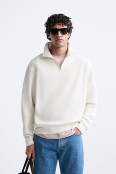 QUARTER ZIP SWEATSHIRT Cool Mens Clothing, Zip Sweater Men Outfit, Quarter Zip Sweatshirt Outfit Men, Quater Zipper Outfit Men, Hoodie Mens Outfit, Blue Quarter Zip Outfit, Streetwear Inspo Men, Mens Style 2024, Sweater Men Outfit