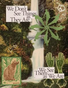 an advertisement for we don't see things as they are, with images of animals and trees