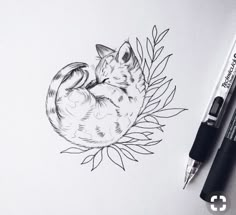 a drawing of a cat sleeping on top of a leafy branch with a pencil in it's mouth