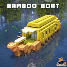 an image of a floating house made out of legos in the water with text that reads bamboo boat