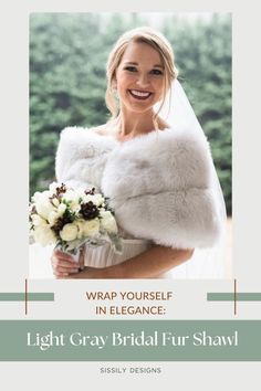 a woman wearing a white fur stole and holding a bridal bouquet in her hand