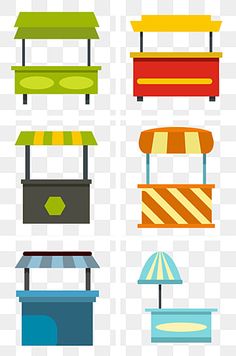 different colored food stands with umbrellas on the top and below them, transparent background