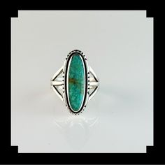 This handcrafted sterling silver ring is set with Kingman turquoise. The stone is set in a smooth sterling bezel and accented with a scalloped and notched edge.  Specifics: Metal: Sterling Stamped Stones: Turquoise  Size of Setting: 1 1/8" by 1/2" Size of Ring:  10 ½   We can size this ring up to a 12  or down to a 9 at a cost of $10.00 Weight of Ring: 8.6 grams Signed: AB MT-2419 Returns accepted, simply contact us within 7 days of receiving your ring. No returns on items that have been customi Handmade Classic Sterling Silver Turquoise Ring, Handmade Classic Turquoise Sterling Silver Ring, Classic Adjustable Turquoise Ring In Sterling Silver, Classic Adjustable Turquoise Ring, Kingman Turquoise, Size 10 Rings, Rings Statement, Sterling Silver Ring, Turquoise Ring