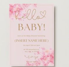 a pink and gold baby shower card with the words hello baby on it