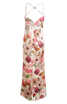 Gorgeous blooms romance this slinky gown designed with a drapey cowl neck. 61" length (size Small) Hidden back-zip closure Cowl neck Partially lined 100% polyester Dry clean Made in the USA of imported fabric Spring Floral Embroidered Fitted Gown, Floor-length Floral Embroidered Summer Gown, Fitted Multicolor Embroidered Maxi-length Dress, Multicolor Floral Print Floor-length Maxi Dress, Katie May, Non-stretch Multicolor Floral Print Maxi Dress, Sleeveless Gown, Pink Daisy, Cowl Neck